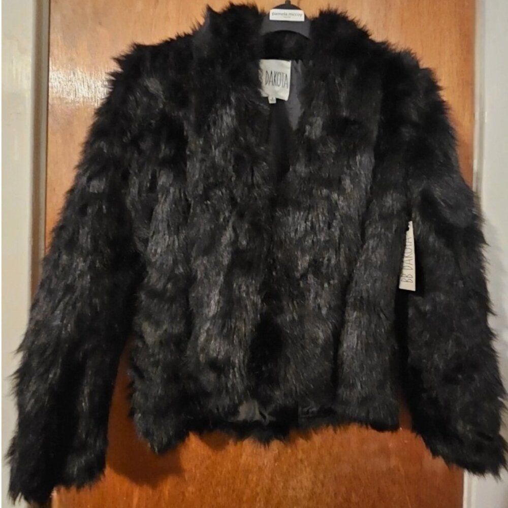 NWT BB Dakota Small Black Faux Fox Fur Coat